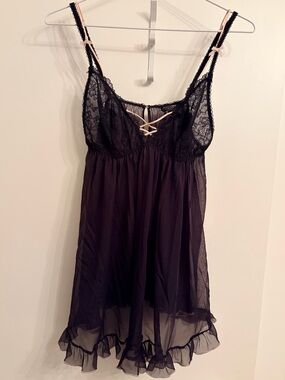 🖤 Vintage Y2K Victoria's Secret Very Sexy Black Lace Babydoll Slip Sheer Chemise